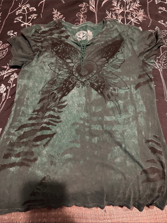 Affliction Tops - Green womens Graphic Lace-Up Tee